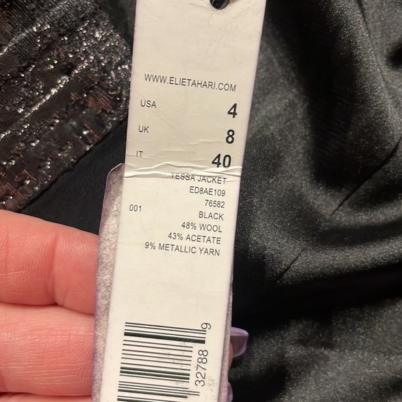 ELIE TAHARI Tessa jacket wool metallic black shinny snap front down scoop neck 4 - Picture 4 of 17